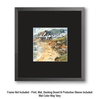 California Beach Vibes Watercolor 8"x8" Art Print for 12"x12" Frame