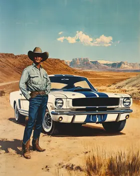 Cowboy with His Mustang Wall Art Print – ’65 Shelby GT350 - Western Decor  8"x10" Artwork - 11"x14" Mat