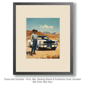 Cowboy with His Mustang Wall Art Print – ’65 Shelby GT350 - Western Decor  8"x10" Artwork - 11"x14" Mat