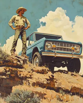 Cowboy with His Bronco Wall Art Print – Ford Bronco - Western Decor  8"x10" Artwork - 11"x14" Mat