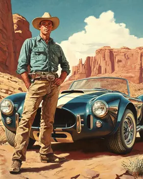 Serious Horsepower – Cowboy and AC Cobra Wall Art Print - Western Decor  8"x10" Artwork - 11"x14" Mat