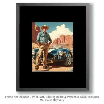 Serious Horsepower – Cowboy and AC Cobra Wall Art Print - Western Decor  8"x10" Artwork - 11"x14" Mat