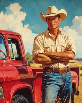 Cowboy with His Pick-Me-Up Truck Wall Art Print – Western Decor 8″x10″ Artwork – 11″x14″ Mat