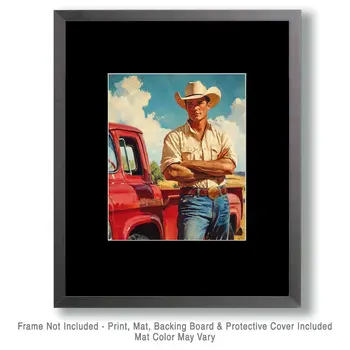 Cowboy with His Pick-Me-Up Truck Wall Art Print – Western Decor 8″x10″ Artwork – 11″x14″ Mat