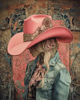 Nouveau Pink Hat Cowgirl - Wall Art Print - Coastal Cowgirl  8"x10" Artwork - 11"x14" Matte