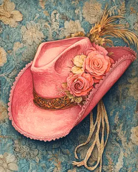 Nouveau Pink Cowgirl Hat - Wall Art Print - Coastal Cowgirl  8"x10" Artwork - 11"x14" Matte