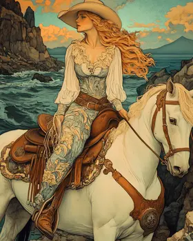 Vintage Cowgirl & Her Horse - Wall Art Print - Coastal Cowgirl  8"x10" Artwork - 11"x14" Matte