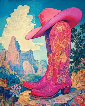 Pink Cowgirl Boots & Hat - Wall Art Print - Coastal Cowgirl  8"x10" Artwork - 11"x14" Matte