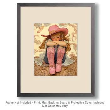 Contemplating Little Cowgirl - Wall Art Print - Coastal Cowgirl  8"x10" Artwork - 11"x14" Mat