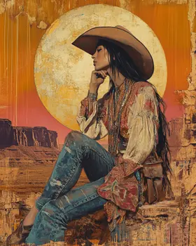 Vintage Southwest Cowgirl - Wall Art Print - Coastal Cowgirl  8"x10" Artwork - 11"x14" Mat
