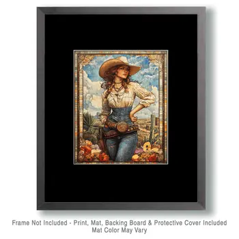 Vintage Deco Cowgirl - Wall Art Print - Coastal Cowgirl  8"x10" Artwork - 11"x14" Mat