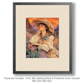 Southwest Sunset Cowgirl - Wall Art Print - Coastal Cowgirl  8"x10" Artwork - 11"x14" Mat