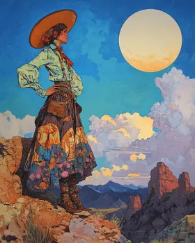 Southwest Full Moon Cowgirl - Wall Art Print - Coastal Cowgirl  8"x10" Artwork - 11"x14" Mat