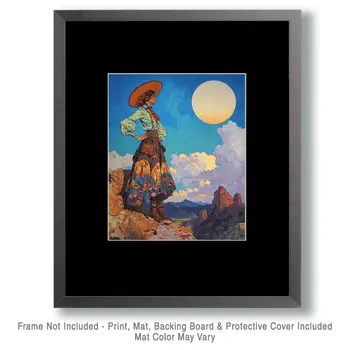 Southwest Full Moon Cowgirl - Wall Art Print - Coastal Cowgirl  8"x10" Artwork - 11"x14" Mat
