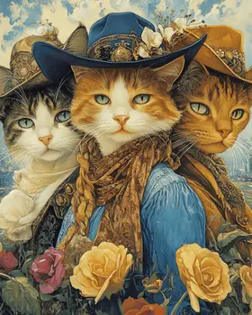Three Amigos - Cowboy Cats - Wall Art Print - Coastal Cowgirl  8"x10" Artwork - 11"x14" Mat