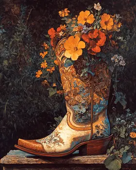 Cowgirl Boots Bouquet - Wall Art Print - Coastal Cowgirl  8"x10" Artwork - 11"x14" Mat