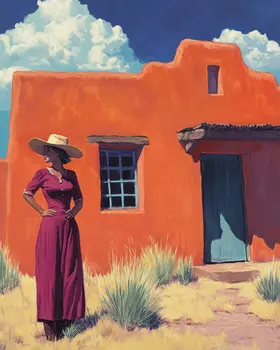 Cowgirl and Adobe House - Wall Art Prints - Western Decor  8"x10" Artwork - 11"x14" Mat