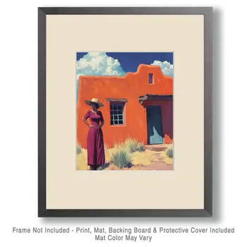 Cowgirl and Adobe House - Wall Art Prints - Western Decor  8"x10" Artwork - 11"x14" Mat