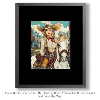 Cowgirl in Town - Wall Art Prints - Western Decor  8"x10" Artwork - 11"x14" Mat