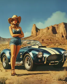 Serious Horsepower - Cowgirl and AC Cobra Wall Art Print - Western Decor  8"x10" Artwork - 11"x14" Mat
