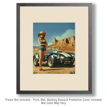 Serious Horsepower - Cowgirl and AC Cobra Wall Art Print - Western Decor  8"x10" Artwork - 11"x14" Mat