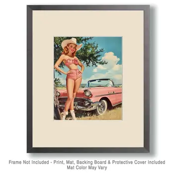 Cowgirl with Her Horseless Carriage Wall Art Print - Western Decor  8"x10" Artwork - 11"x14" Mat