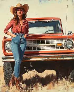 Cowgirl with Her Bronco Wall Art Print - Ford Bronco - Western Decor  8"x10" Artwork - 11"x14" Mat