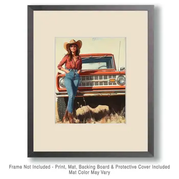Cowgirl with Her Bronco Wall Art Print - Ford Bronco - Western Decor  8"x10" Artwork - 11"x14" Mat