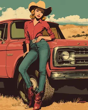 Cowgirl with Her Pick-Me-Up Truck Wall Art Print - Western Decor  8"x10" Artwork - 11"x14" Mat