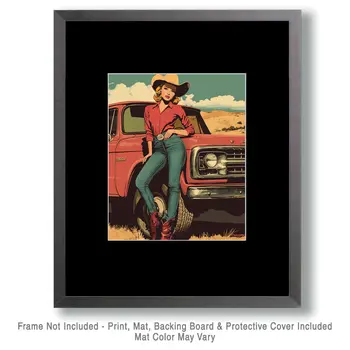 Cowgirl with Her Pick-Me-Up Truck Wall Art Print - Western Decor  8"x10" Artwork - 11"x14" Mat