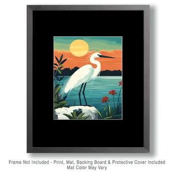 Egret at Sunset - Wall Art Print - Ocean Seaside Beachcore - 8"x10" Artwork - 11"x14" Matte
