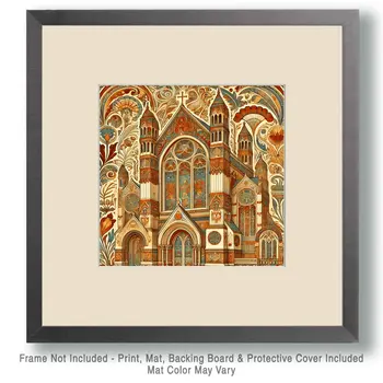 Art Nouveau Vintage Church - Wall Art Print - Square Poster - 8"x8" Artwork - 12"x12" Matte