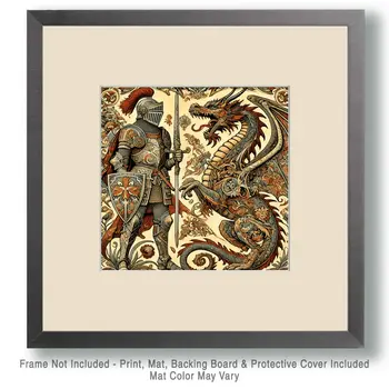 Art Nouveau Knight and Dragon - Wall Art Print - Square Poster - 8"x8" Artwork - 12"x12" Matte