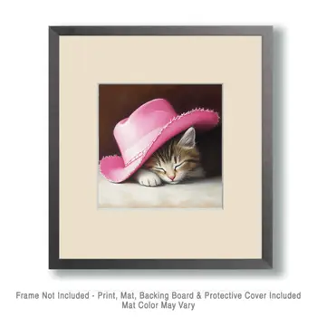 Sleeping Kitten Under Pink Cowgirl Hat - Pet Wall Art – 8″x8″ Artwork – 12″x12″ Mat