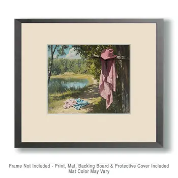 Pink Cowgirl Hat At The Swimmin' Hole - Wall Art Print - Western Art - 8"x10" Artwork - 11"x14" Mat