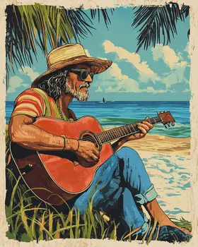 Strumming on the Beach - Wall Art Print - Ocean Seaside Beachcore - 8"x10" Artwork - 11"x14" Matte