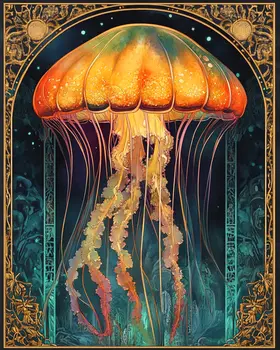 Nouveau Jellyfish - Wall Art Print - Ocean Seaside Beachcore - 8"x10" Artwork - 11"x14" Matte