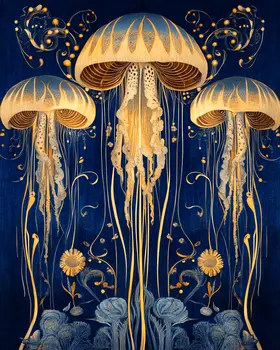Deco Jellyfish - Wall Art Print - Ocean Seaside Beachcore - 8"x10" Artwork - 11"x14" Matte