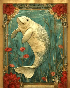 Floral Manatee - Wall Art Print - Ocean Seaside Beachcore - 8"x10" Artwork - 11"x14" Matte