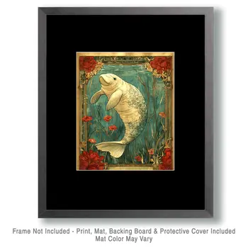 Floral Manatee - Wall Art Print - Ocean Seaside Beachcore - 8"x10" Artwork - 11"x14" Matte