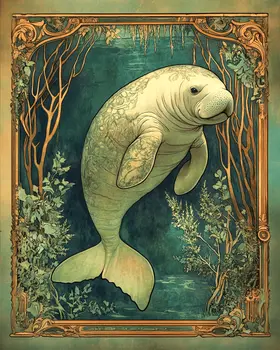 Nouveau Manatee - Wall Art Print - Ocean Seaside Beachcore - 8"x10" Artwork - 11"x14" Matte