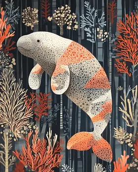 Mid-Century Modern Manatee - Wall Art Print - Ocean Seaside Beachcore - 8"x10" Artwork - 11"x14" Matte
