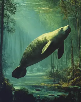 Florida Manatee - Wall Art Print - Ocean Seaside Beachcore - 8"x10" Artwork - 11"x14" Matte