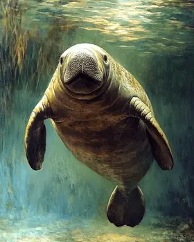 Underwater Manatee Scene - Wall Art Print - Ocean Seaside Beachcore - 8"x10" Artwork - 11"x14" Matte