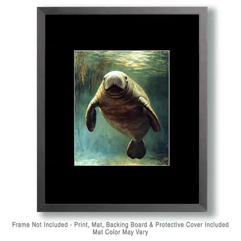 Underwater Manatee Scene - Wall Art Print - Ocean Seaside Beachcore - 8"x10" Artwork - 11"x14" Matte