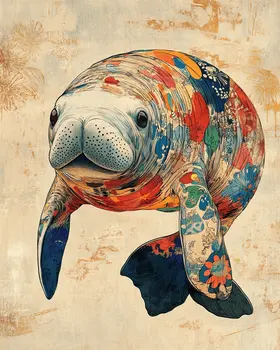 Impressionist Manatee - Wall Art Print - Ocean Seaside Beachcore - 8"x10" Artwork - 11"x14" Matte