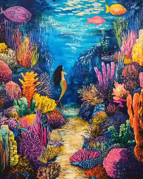 Coral Reef Mermaid - Wall Art Print - Ocean Seaside Beachcore - 8"x10" Artwork - 11"x14" Matte