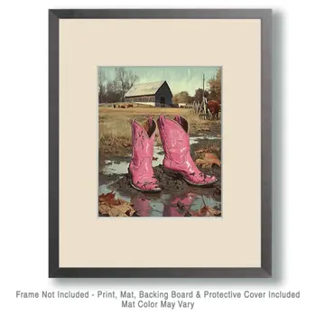 Pink Muddy Cowboy Boots - Western and Southwestern Home Decor Wall Art Prints – 8″x10″ Artwork – 11″x14″ Mat