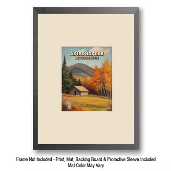Adirondack Cabin Nestled Between Autumn Foliage Wall Art Prints – 8″x10″ Artwork – 11″x14″ Mat