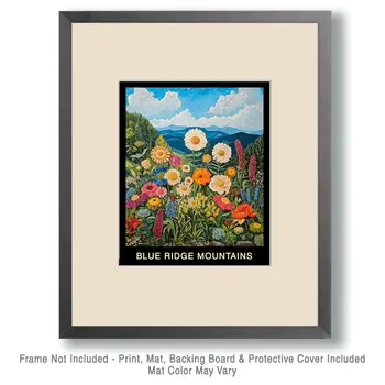 Folk Art Wildflowers - Blue Ridge Mountains Souvenir Home Decor Wall Art Prints – 8″x10″ Artwork – 11″x14″ Mat